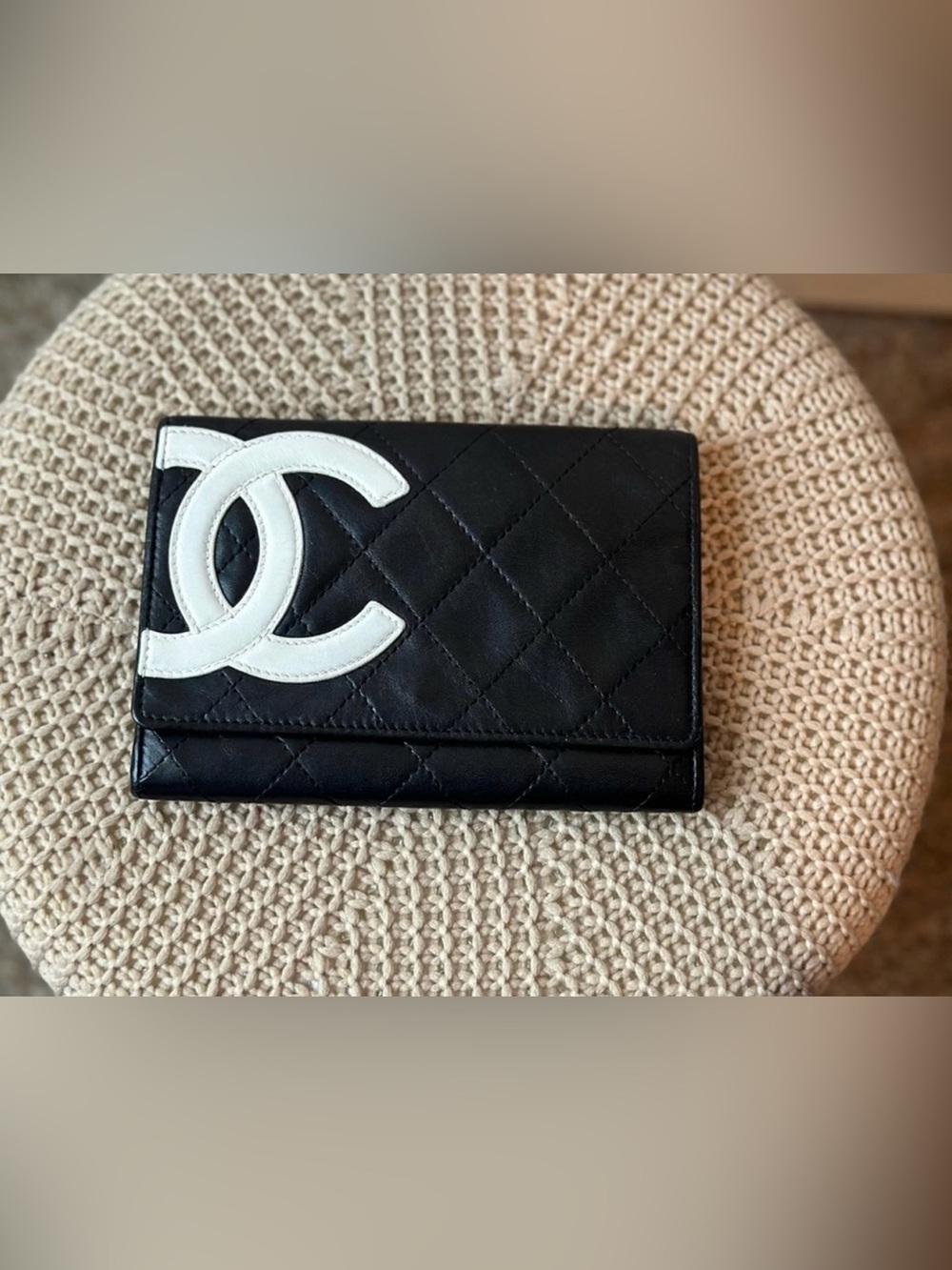 CHANEL Black Quilted Leather Wallet with White CC Patch